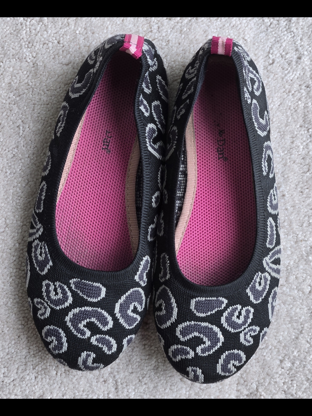 Girls' Black Patterned Slip-On Ballet Flats with Pink Insole